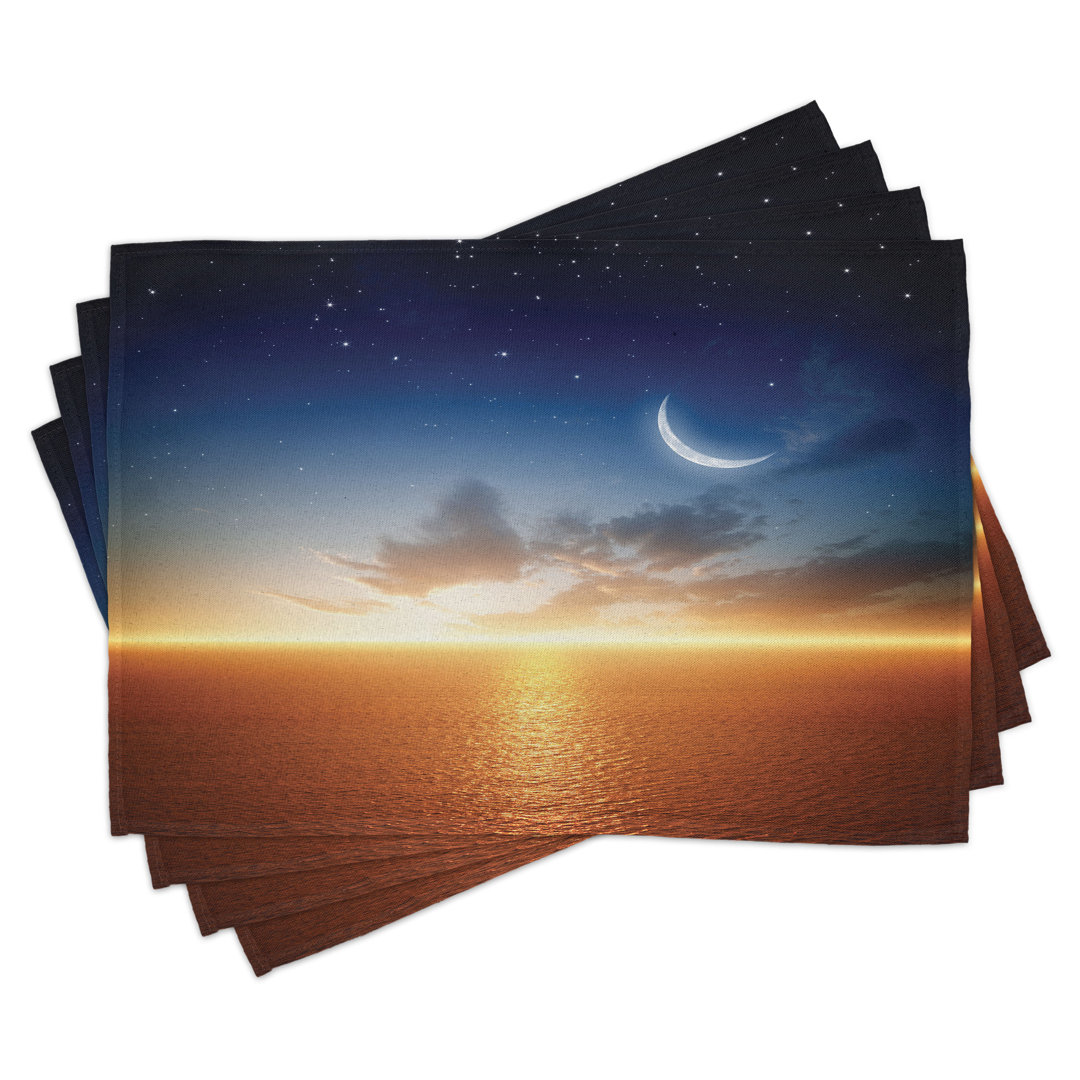 Platzdeckchen 4er Set, Sonnenuntergang Himmel Mond Sterne, Navy Gelb Orange