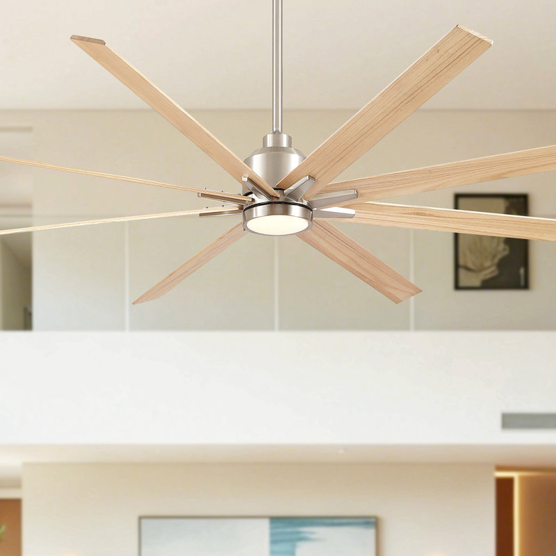 84" Oversized Large Brushed Nickel Light Yellow Solid Wood Ceiling Fan With Dimmable Led Light Control Reversible DC Motor For Living Room Warehouse Villa