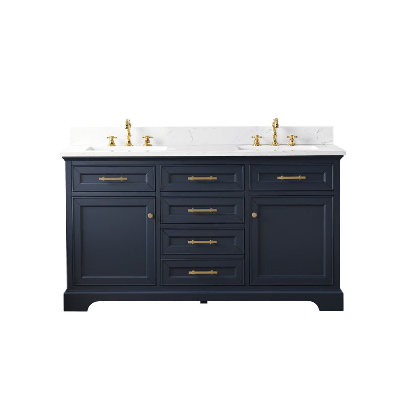 Currahee 60" Double Bathroom Vanity Set, Indigo Blue/Brushed Gold