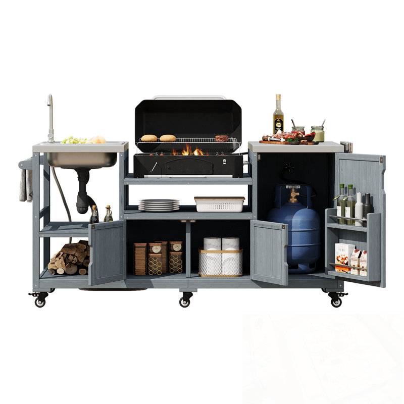 Îlot de cuisine extérieur avec plateau en acier inoxydable, deux armoires et tablette ouverte, Gris + bleu
