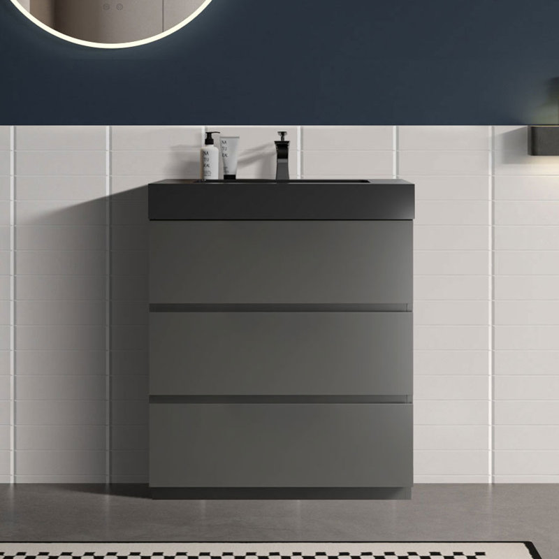 Meuble-lavabo sur pied simple Deandrick, Gris espace, Noir mat, 24"