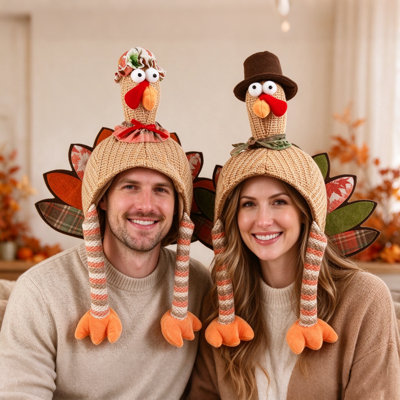 2 Pcs Thanksgiving Turkey Hat Mr. & Mrs. Plush Turkey Hat Set, Adult Thanksgiving Costume Hats for Turkey Trot Runs