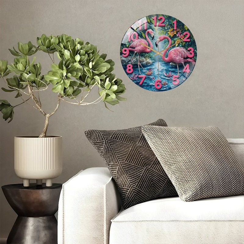 Horloge murale flamants roses - art numérique 12 po