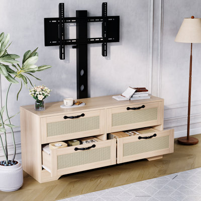 Farmhouse TV Stand with Adjustable Mount 4-Drawer Media Console and Rattan Doors Wooden Storage Cabinet Dresser for Living Room Natural