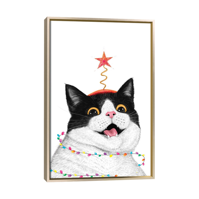 Chat de Noël - reproduction d'art murale , Champagne, Reproduction encadrée sans passe-partout, H 60 po x l 40 po