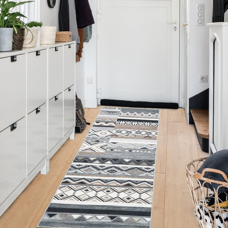 2x6 Runner Rug Washable Distressed Vintage Runner for Hallway Tribal Geometric Gray Door Mat for Bathroom Kitchen Laundry, Non Slip Low Pile Carpet Foldable Thin Patchwork Office Rug