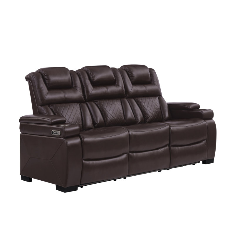82''Wide Breathable Leather Square Arms Power Reclining Sofa With Reading Lights And Drop Down Table, Brown Faux Leather