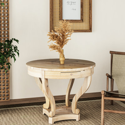 Style Round End Table, Small, Curved Legs, Distressed Natural Wood Grain, 2 Storage Drawers, Quality Material Small Size Coffee Style, Finish, With Fir Veneer, For Dining Room
