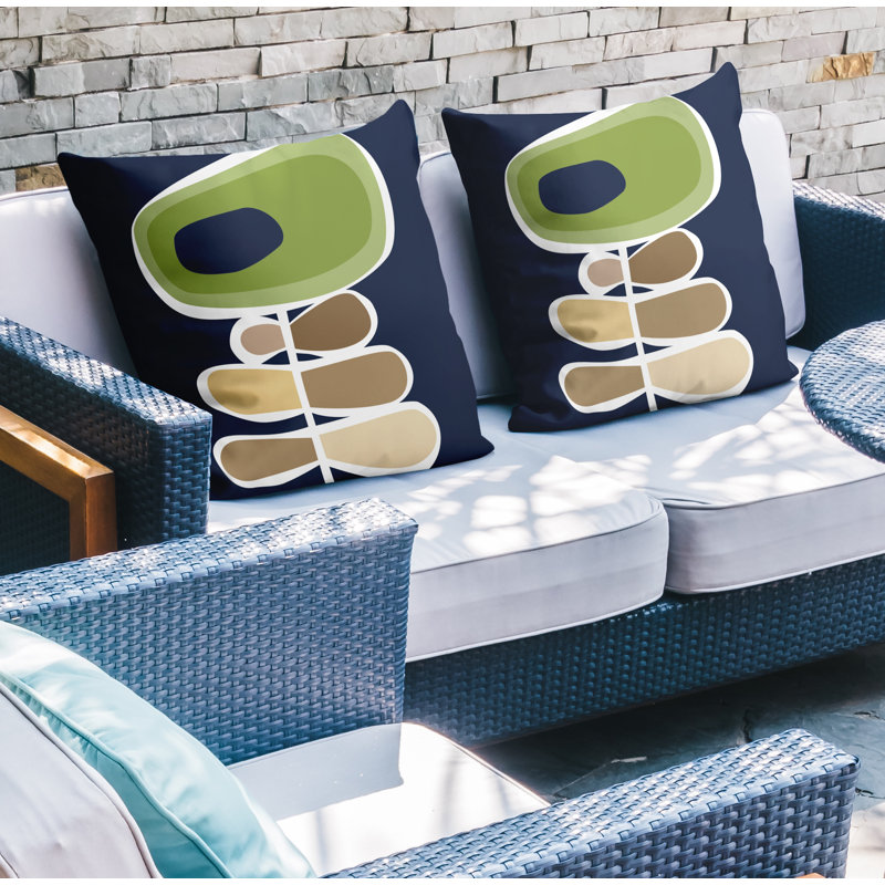 Jeté carré en polyester / mélange de polyester intérieur / extérieur, 15 po x 15 po, Chartreuse / bleu marine / beige