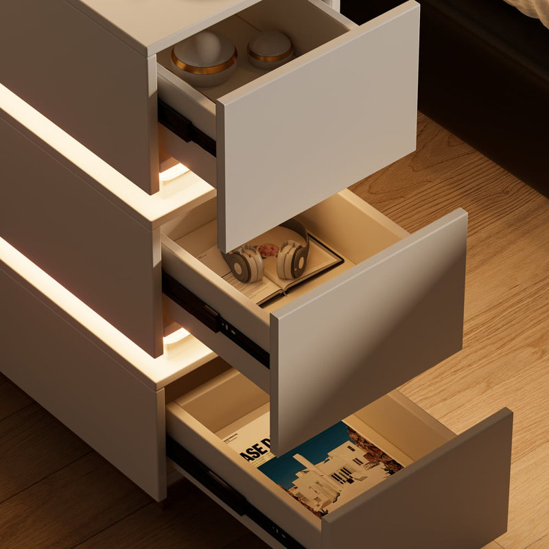Narrow 3-Drawer LED Smart White Bedside Table with Wireless Charger