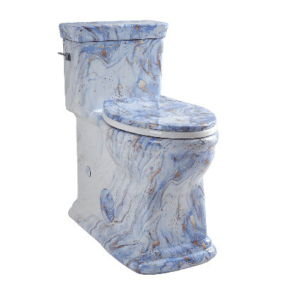 Los Flexi Blue-Gold Marble Pattern Toilet, Elongated One-Piece Toilet with Soft Close Seat, 1.28 GPF Rimless Swirl Flush, Full Skirted, 12" Rough-In, Metallic Gold Veining Finish