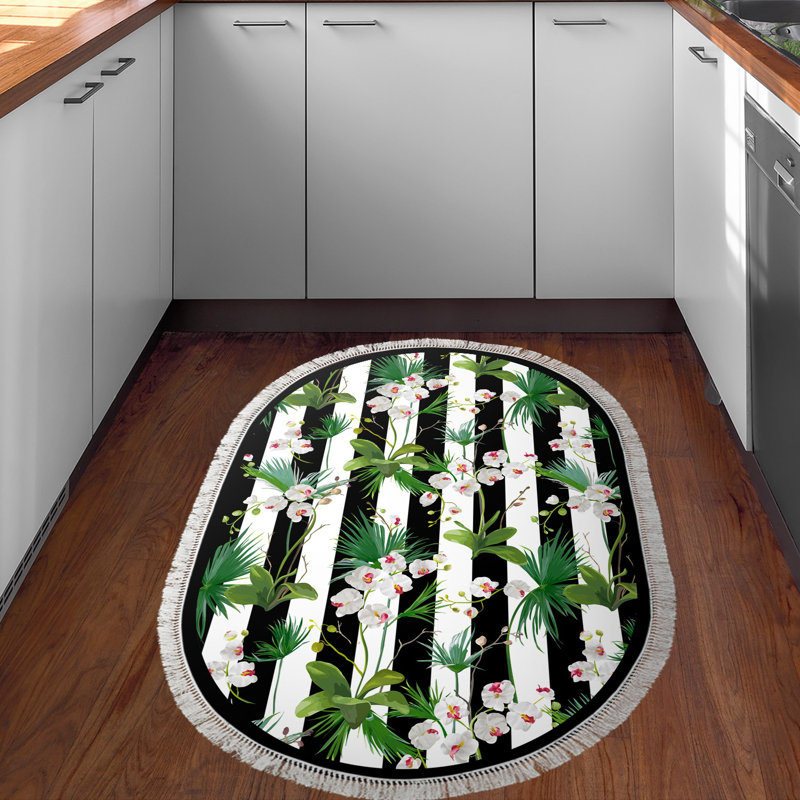 Tapis vert / blanc / noir en polyamide tissé à la machine Everest, Ovale 3 pi 3 po x 5 pi 3 po