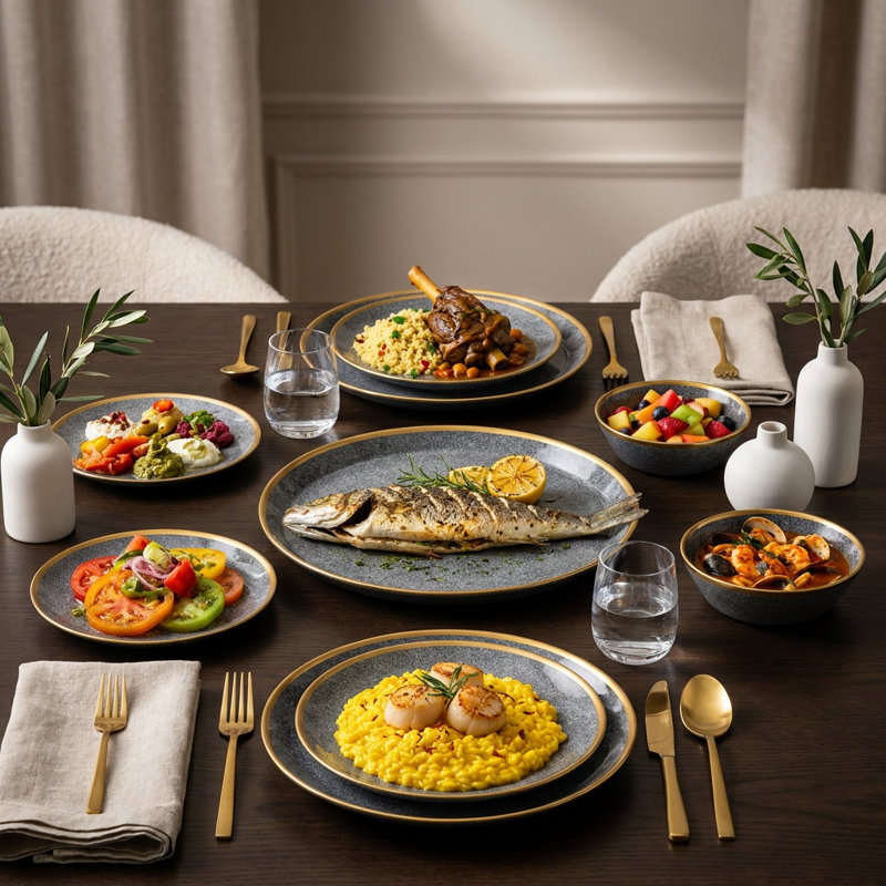Service de table en porcelaine tachetée gris anthracite et or (service de 16 pièces pour 4 personnes)