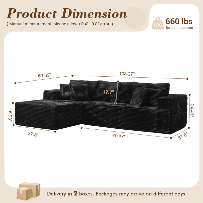 Canapé modulaire rembourré 2 pièces Boneless, Velours côtelé noir, Orienté à gauche (vu de face)
