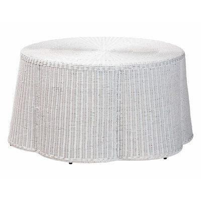 Bali & Pari Palm Scalloped Rattan Coffee Table - Handwoven Wicker Round Accent Table For Living Room Patio Or Sunroom, Coastal Boho Style, White