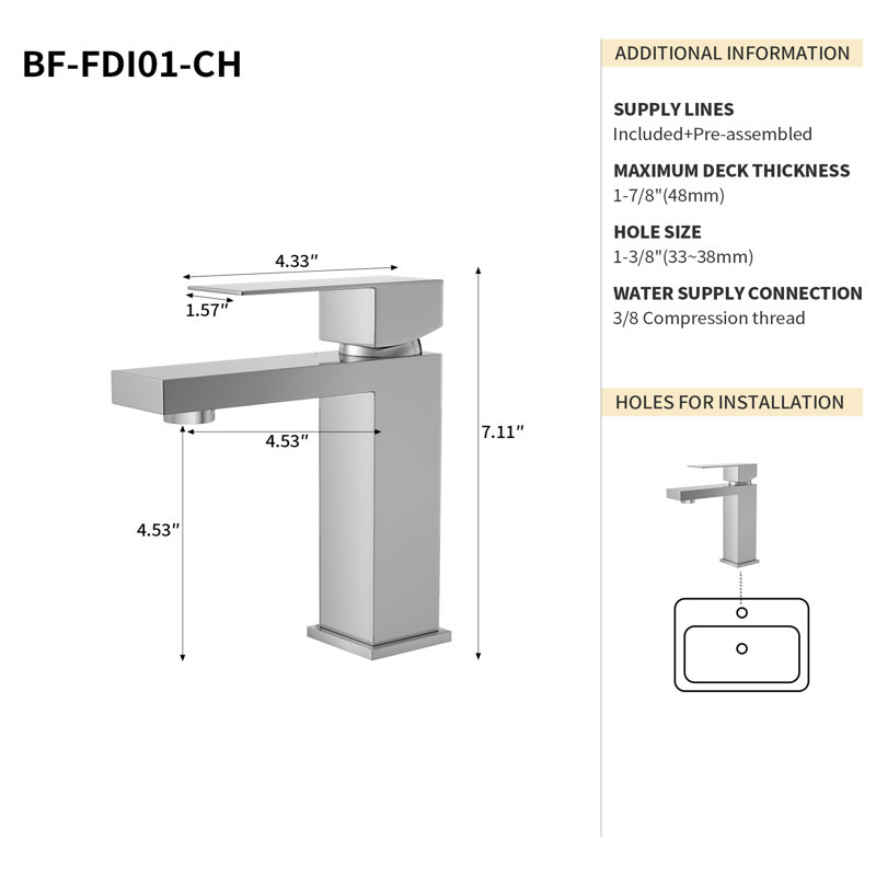 Modern 7.31" Bathroom Faucet - , Single Hole, Deck-Mounted, Ceramic Cartridge, Stain , Stainless Steel Body Handle Smooth &