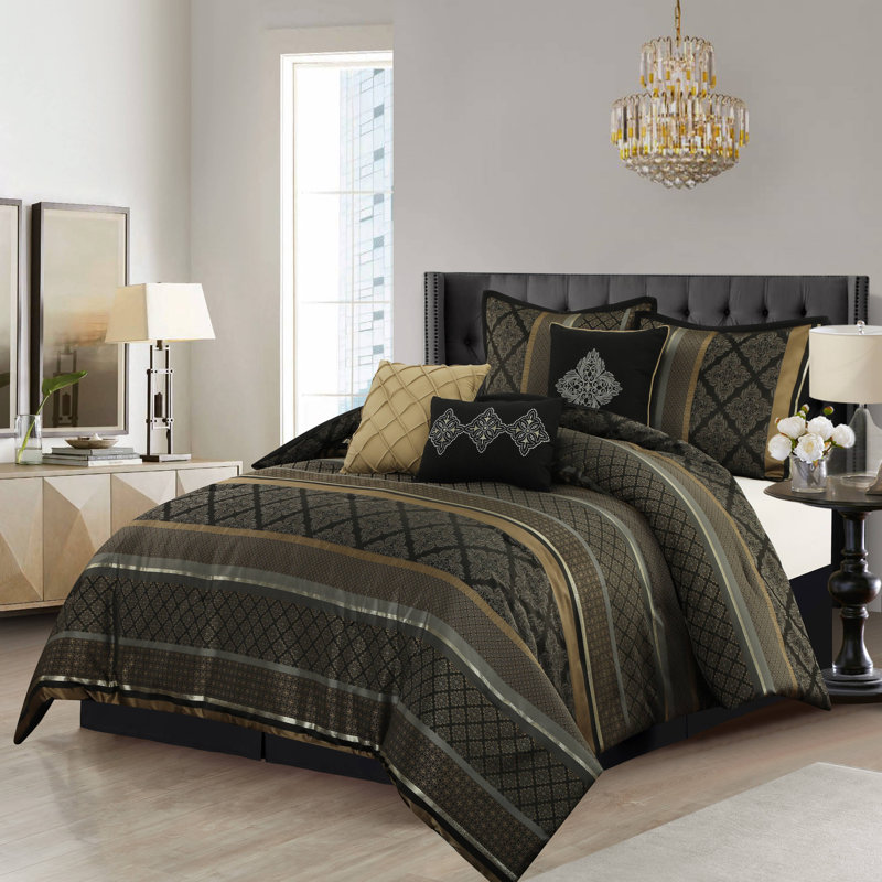 Tefia Karr Microfiber 7 Piece Comforter Set, Black/Gold, Queen Comforter + 6 Additional Pieces