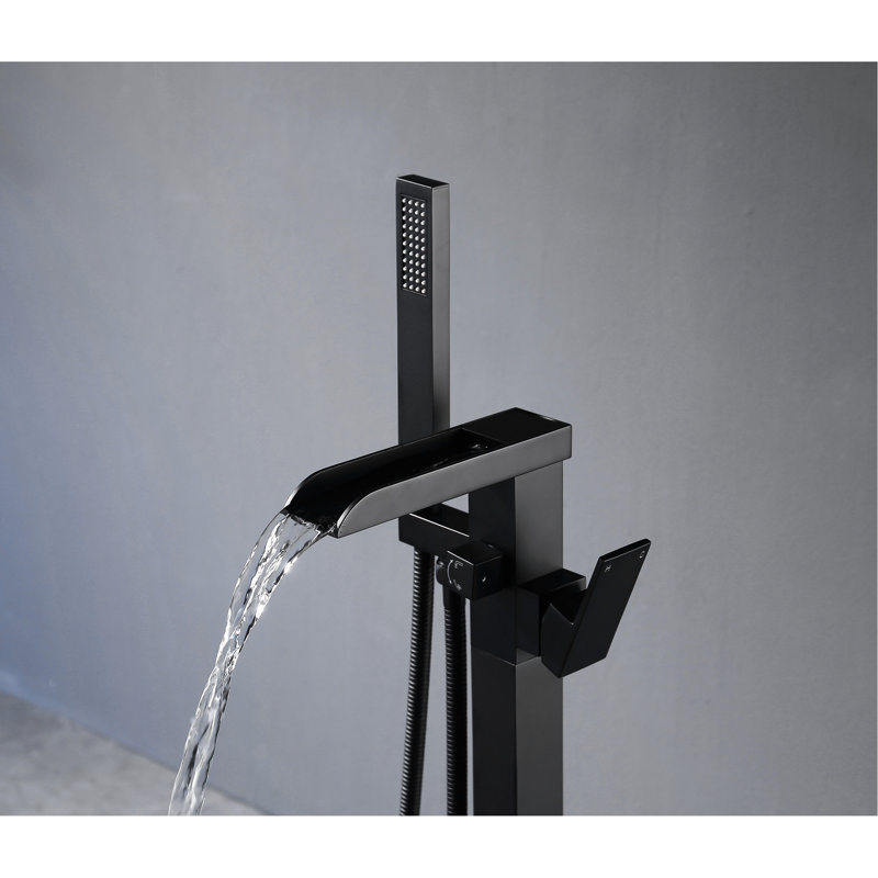 Stainless Steel Tub Faucet With Handheld Shower And Waterfall-Style Spout - Matte Black, High Flow, Rust & Corrosion , Freestanding For A Comfortable Bathroom Flow Filler Black Steel, Waterfall