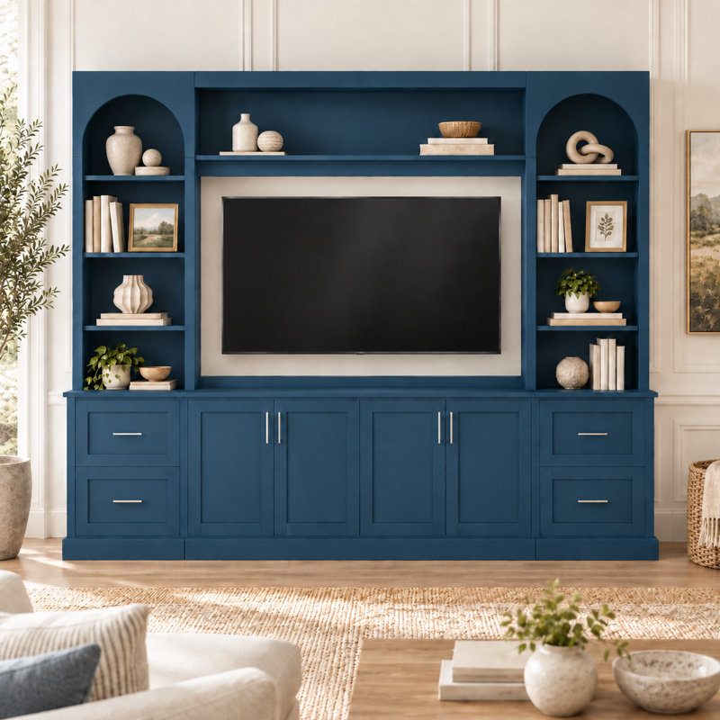 Meuble audio-vidéo de 104 po de largeur avec huche de rangement et 4 tiroirs pour téléviseurs de 65 po ou moins, Blue