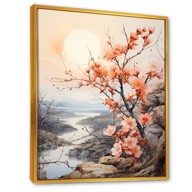 Tranquillité, pêche, paix, paysage, Cadre flottant doré, H 32 po x l 24 po x P 1 po