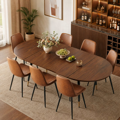 47"-78" Mid-Century Modern Extendable Round-to-Oval Dining Table with Wood Top & Metal Legs