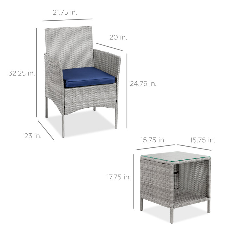 Nasrul 3-Piece Outdoor Wicker Conversation Patio Bistro Set, w/ 2 Chairs, Table, Gray, Navy