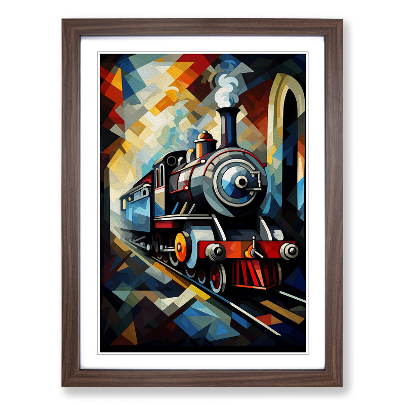 Steam Train Cubism No.3 - Framed Print, 34cm H x 25cm W x 2cm D, Walnut