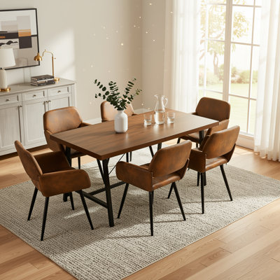 7-Piece Rectangular Wood-Look Dining Table Set With 6 Upholstered Arm Chairs