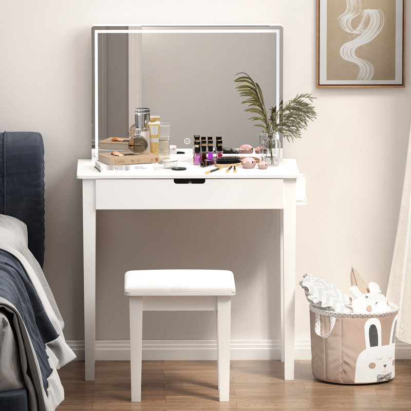 Table de maquillage avec composants: DEL à intensité variable, 1 tiroir de rangement, miroir de bureau de coiffeuse blanc et DEL, pour la finition des cosmétiques de chambre à coucher