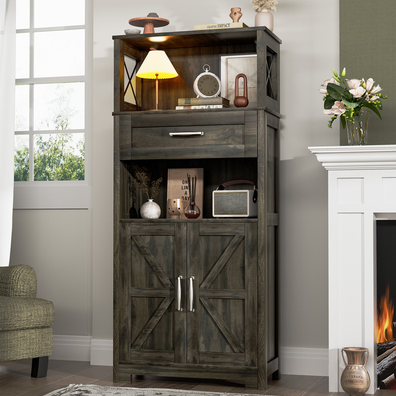 Garde-manger 55 po de style campagnard, armoire de rangement à 5 niveaux avec 2 portes de grange et tiroir, grande armoire de buffet pour les bureaux à domicile