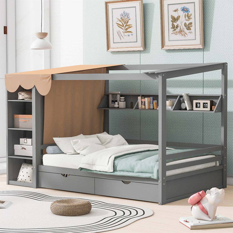 Lit maison avec deux tiroirs et garde-robe, Gris, Complète