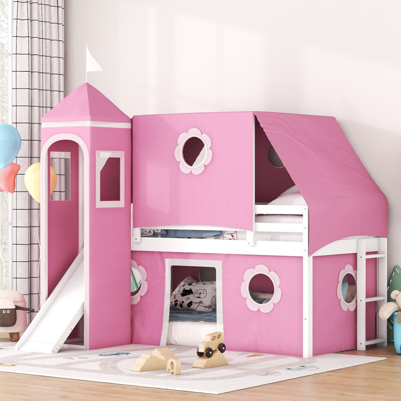 Lit mezzanine simple avec glissade, tente et tour rose, cadre de lit mezzanine pour enfants