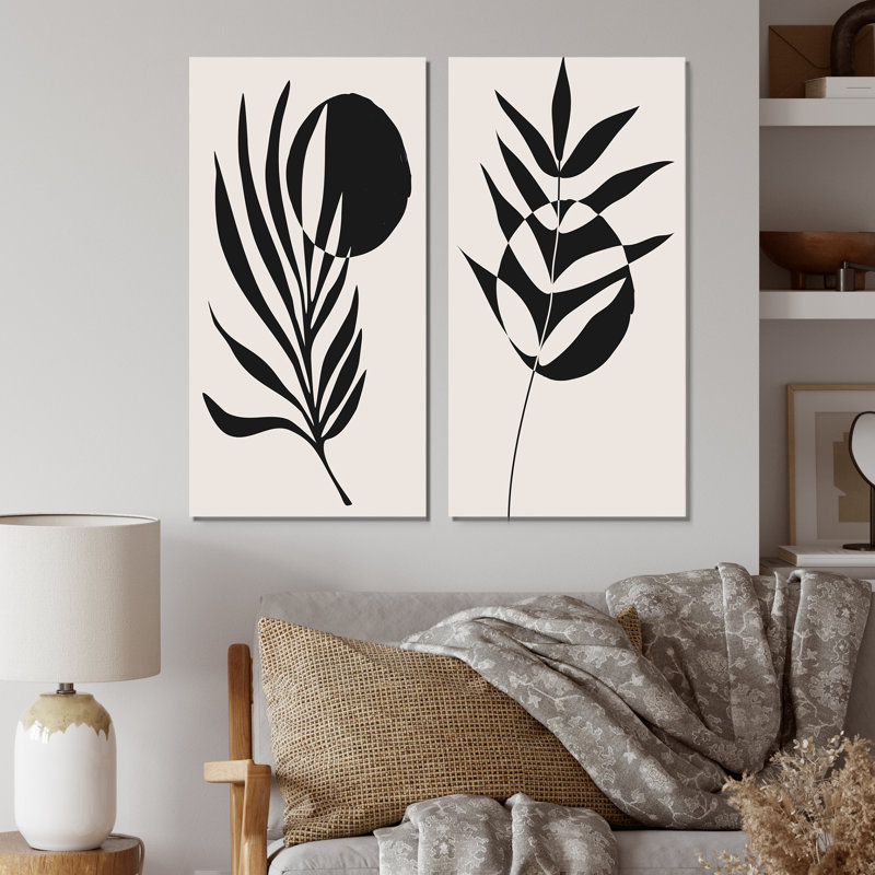 Minimalist Botanical Line with Palm Leaves II - ensemble de 2 peintures, Toile tendue, H 40 po x l 40 po x P 1,5 po