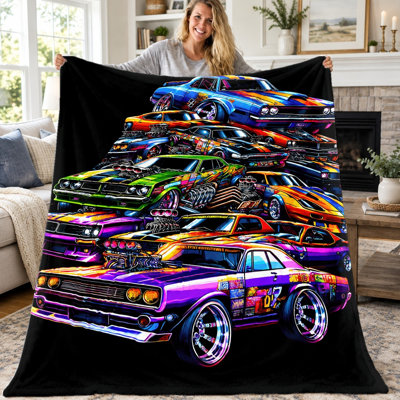 Jeté 1pc Cool Racing Cars, couverture en flanelle Vibrant Hot Rod Muscle Car, couverture super douce, confortable et légère pour canapé-lit, salon, bureau, couverture, décoration intérieure toutes saisons, cadeau pour les amateurs de voitures