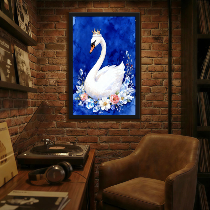 Cygne de Noël avec couronne et fleurs sur fond bleu, H 18 po x l 12 po