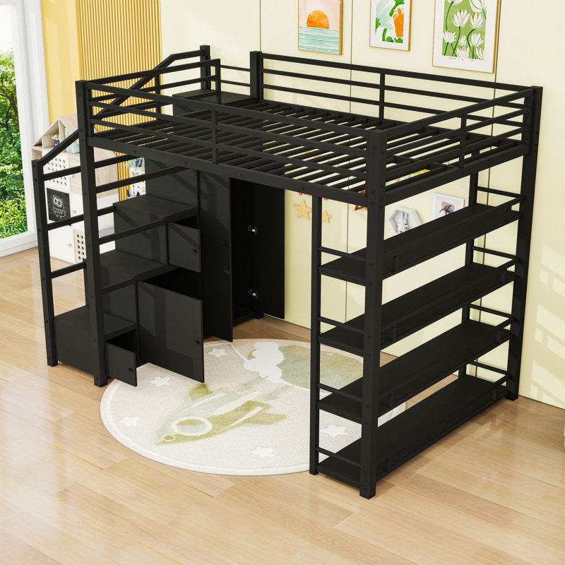 Lit mezzanine double en métal avec tablettes de rangement et garde-robe