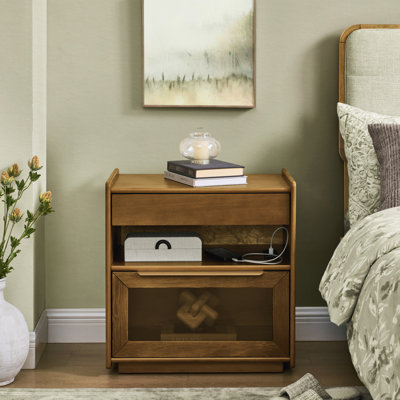 Mid Century Modern End Table With 2 Drawers And Charging Station - Walnut, P2 Grade , Proof, Good For Reception Room Nightstand Look, Suitable Dorm