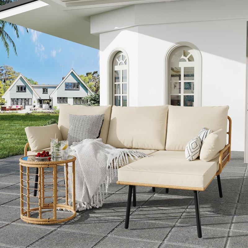 Patio Furniture Set Conversation Rattan Set With L-Shaped Lounge Seat With Soft Pillow Cushion
