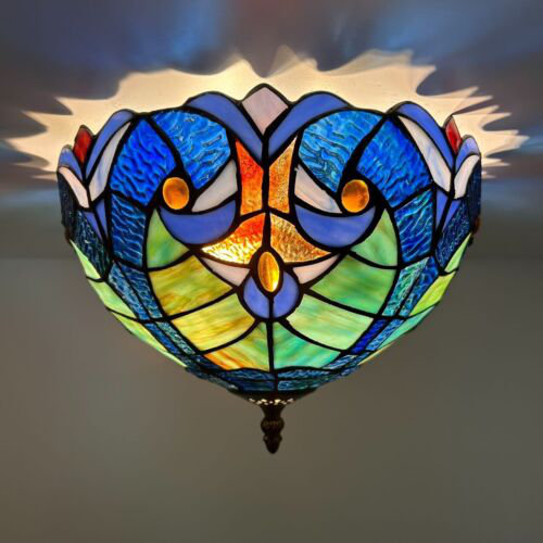 Tiffany Ceiling Lights Fixture Blue Green Stained Glass LED Bulbs Included 12" W*12" D*8" H 