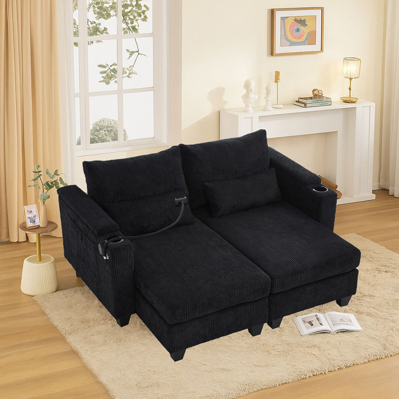 Convertible Corduroy Loveseat Chaise Lounge with USB Ports, Cup Holders, Movable Backrest, and Hidden Storage, Black