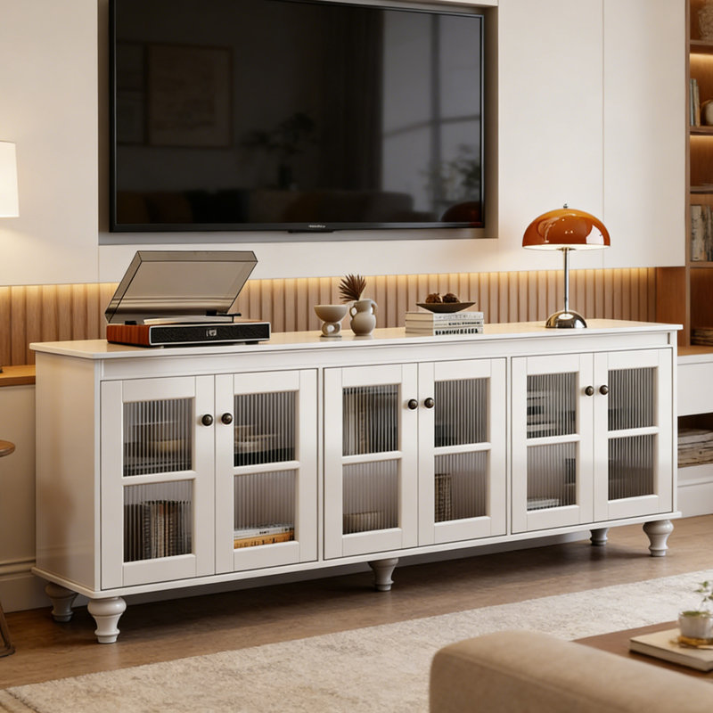 Meuble télé simple en verre rétro, H 28,34 po x L 78,74 po x l 15,74 po, Blanc