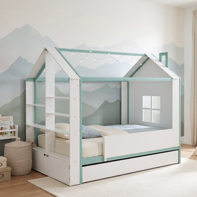 Lit plateforme en bois avec lit gigogne et étagères intégrées, cadre en forme de maison avec lumière DEL, chambre d'enfant