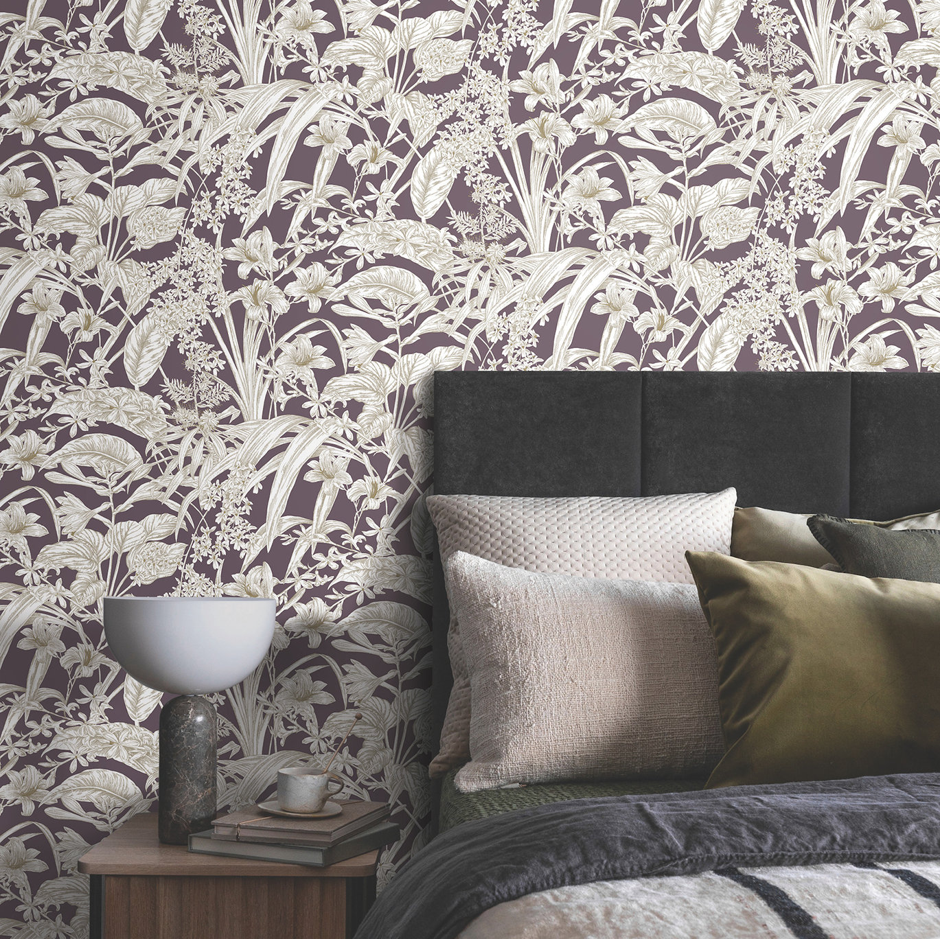 Conservatory Toile Floral,Solids Wallpaper, Mulberry