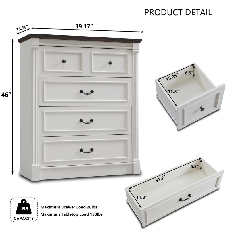 Commode 5 tiroirs Burlington Farmhouse, Blanc rétro / brun foncé
