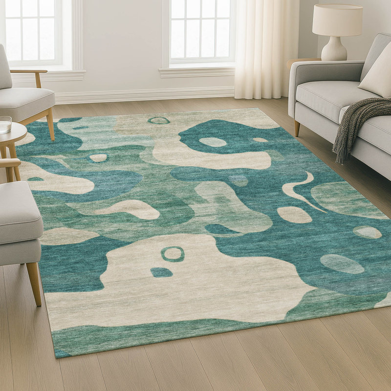 Tapis abstrait lavable à la machine de qualité supérieure Mayfield AMF2063, 2 pi 6 po x 3 pi 10 po, Sarcelle
