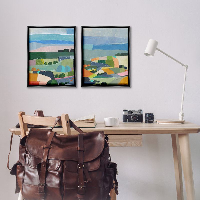 "Modern Farmland And River" par Jan Weiss, 2 pièces sur toile, H 21 po x l 17 po, Cadre flottant noir de jais
