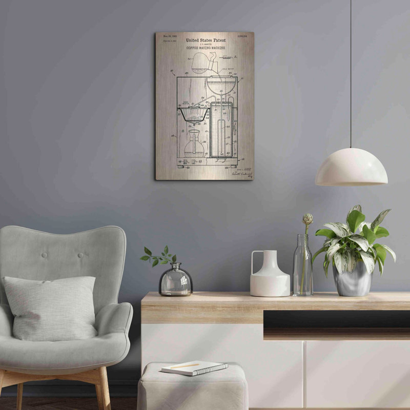 «Coffee Machine Blueprint Brevet Parchment», art mural en métal, H 24 po x l 16 po