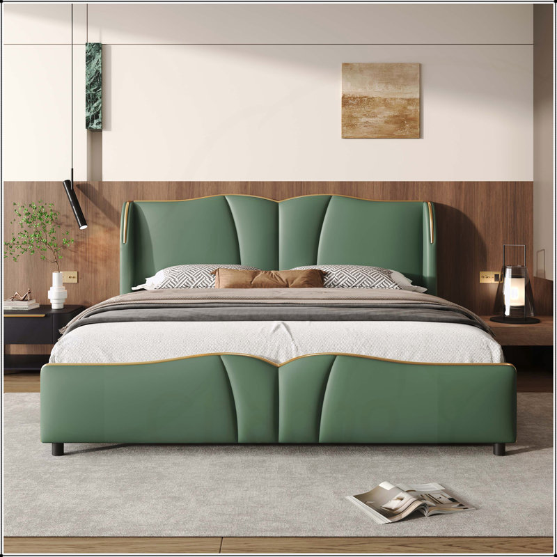 Structure de lit tapissier en cuir pour grand lit, conception moderne avec tête de lit à oreilles, pied de lit ondulé, sans sommier, vert foncé