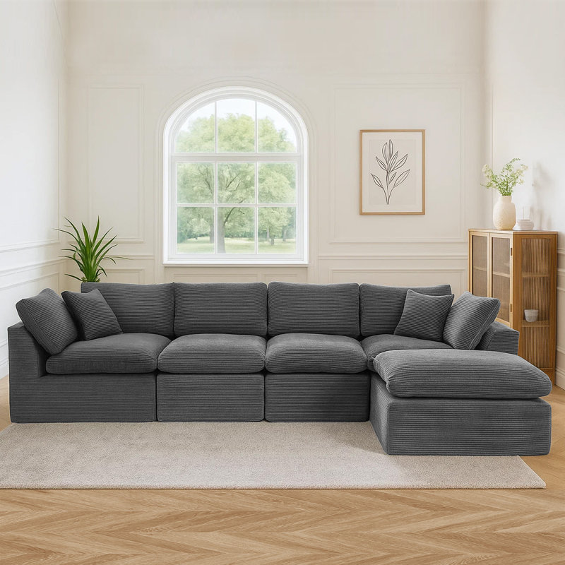 Canapé-lit modulaire en velours côtelé 5 pièces, H 26,4 po x l 177,2 po x P 77,2 po, Velours côtelé gris