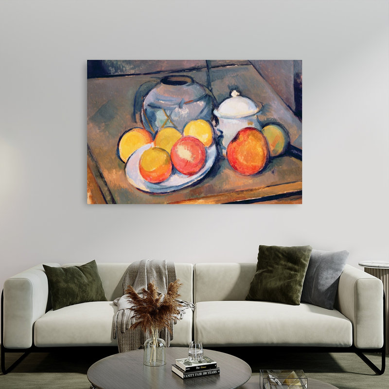 Vase recouvert de paille, sucrier et pommes, 1890-93. Estampe d'art mural abstrait contemporain., H 40 po x l 60 po